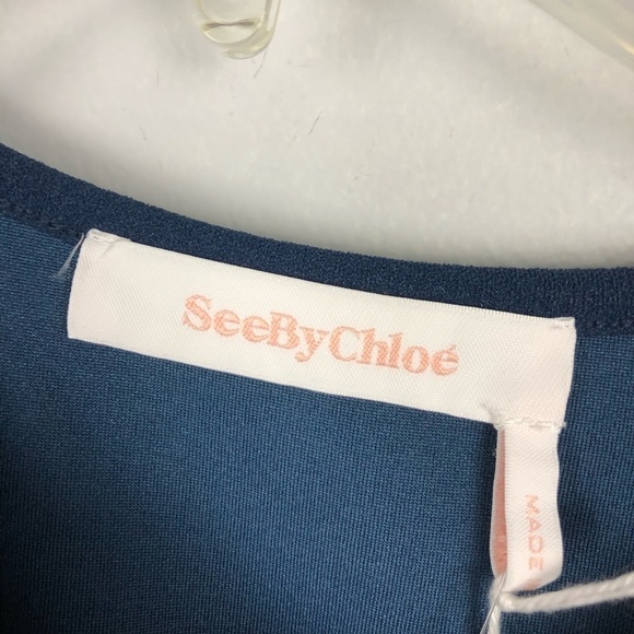 See by Chloe Asymmetrical Short Sleeve Cut Out Midi Tie Cinch Waist Dress Blue - Picture 4 of 8